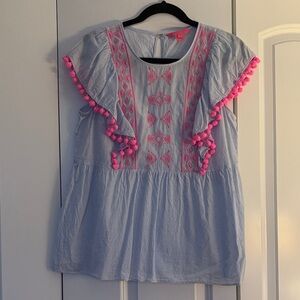 Lilly Pulitzer Blue Top with Pink Embroidery and Pom Poms, Medium
